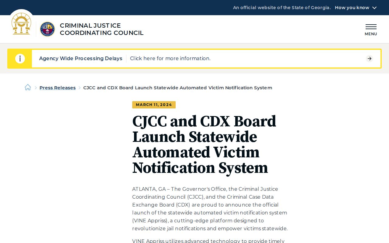 Georgia CJCC statewide VINE context for Laurens County custody alerts